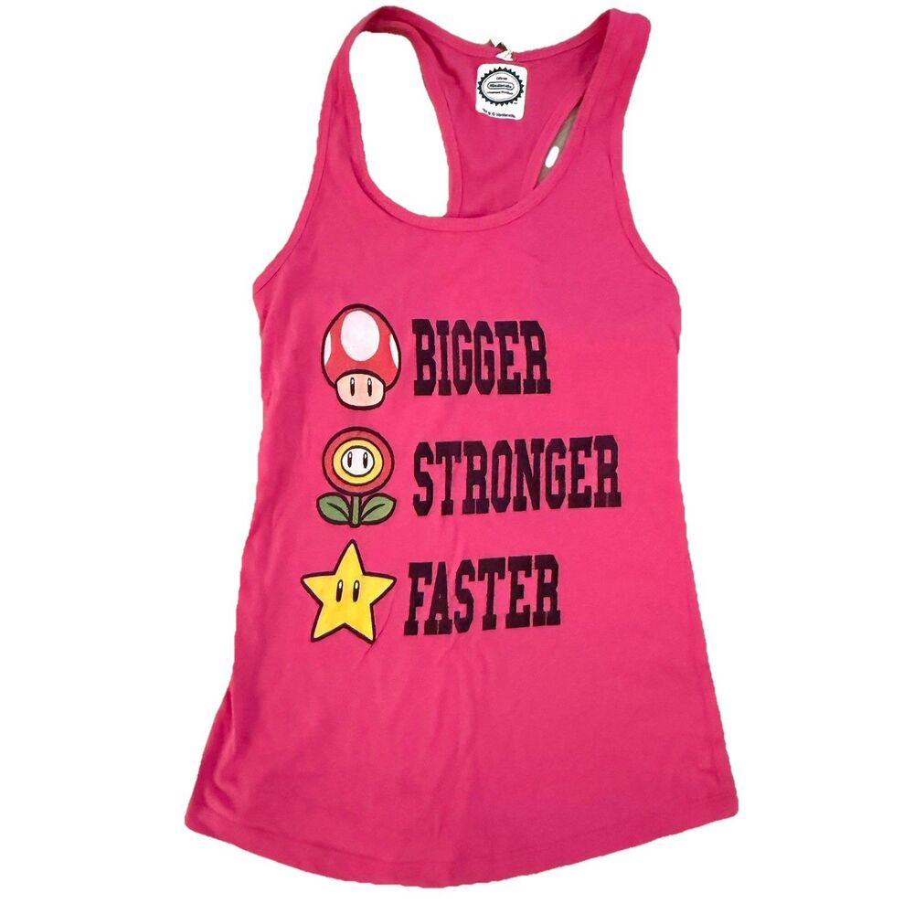 Mario Bros Bigger Stronger Faster Tank Top Juniors Womens Sz XS Pink Nintendo